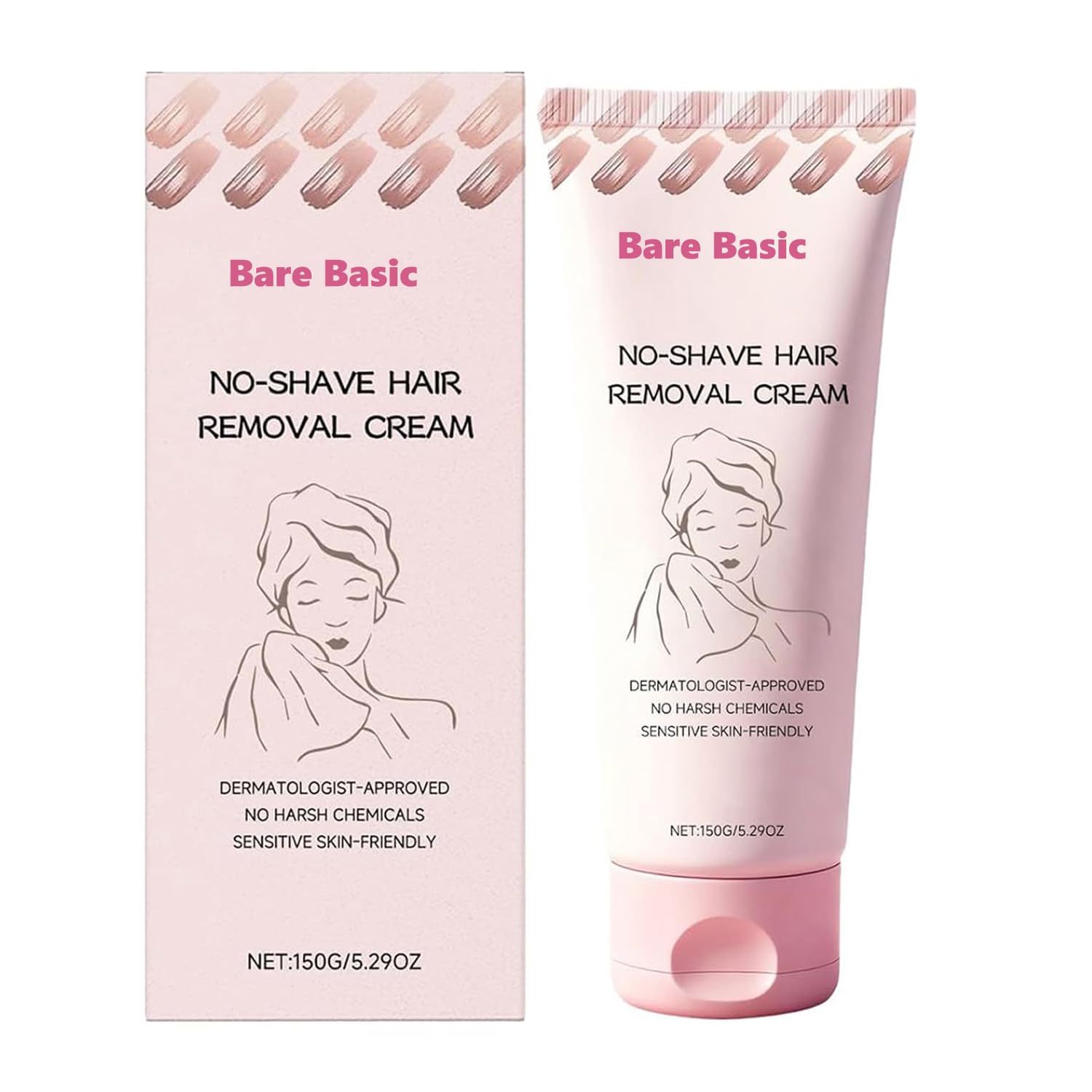 Bare Basic No Shave Cream packaging close-up, highlighting gentle formula for sensitive skin
