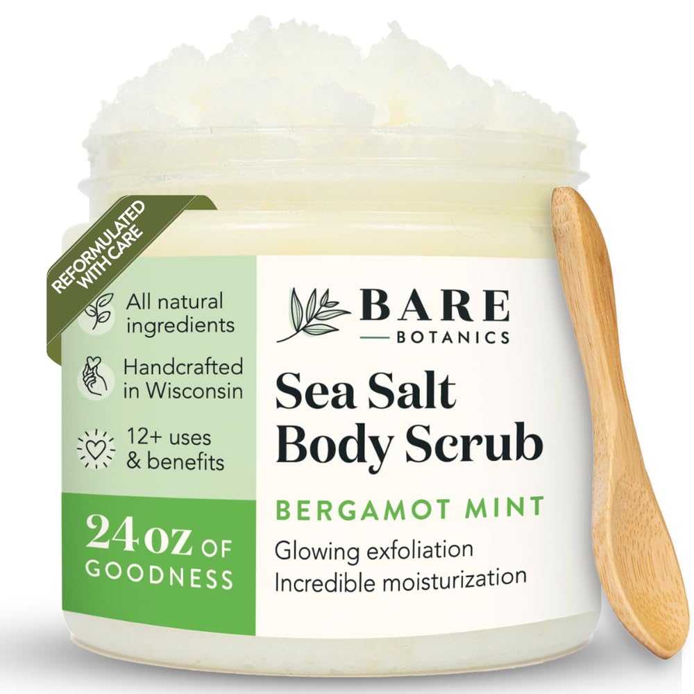 Bare Botanics bergamot mint body scrub jar on bathroom shelf for radiant skin