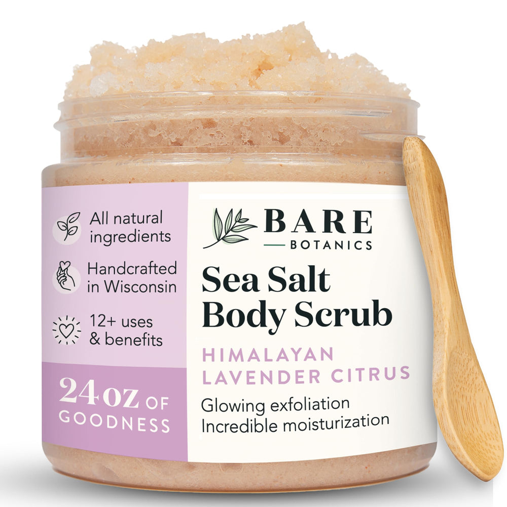 Bare Botanics 24oz scrub jar close-up for gentle exfoliation with natural ingredients.
