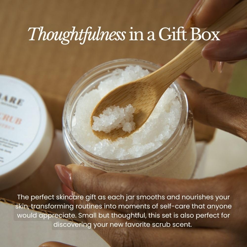 Bare Botanics body scrub jar closeup showing ultra-fine sea salt exfoliation for radiant skin
