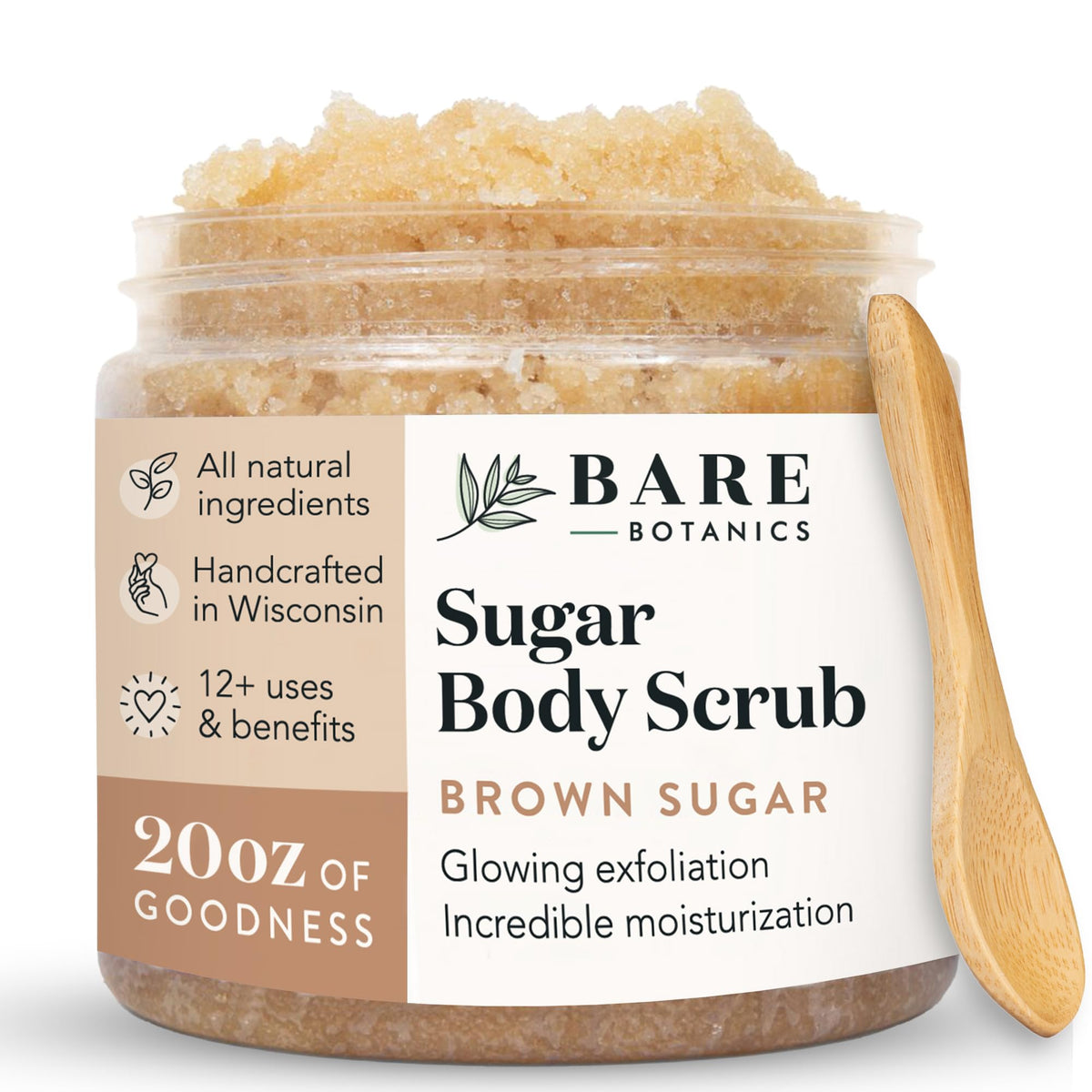 Bare Botanics Brown Sugar Scrub jar closeup showing exfoliation-ready texture.