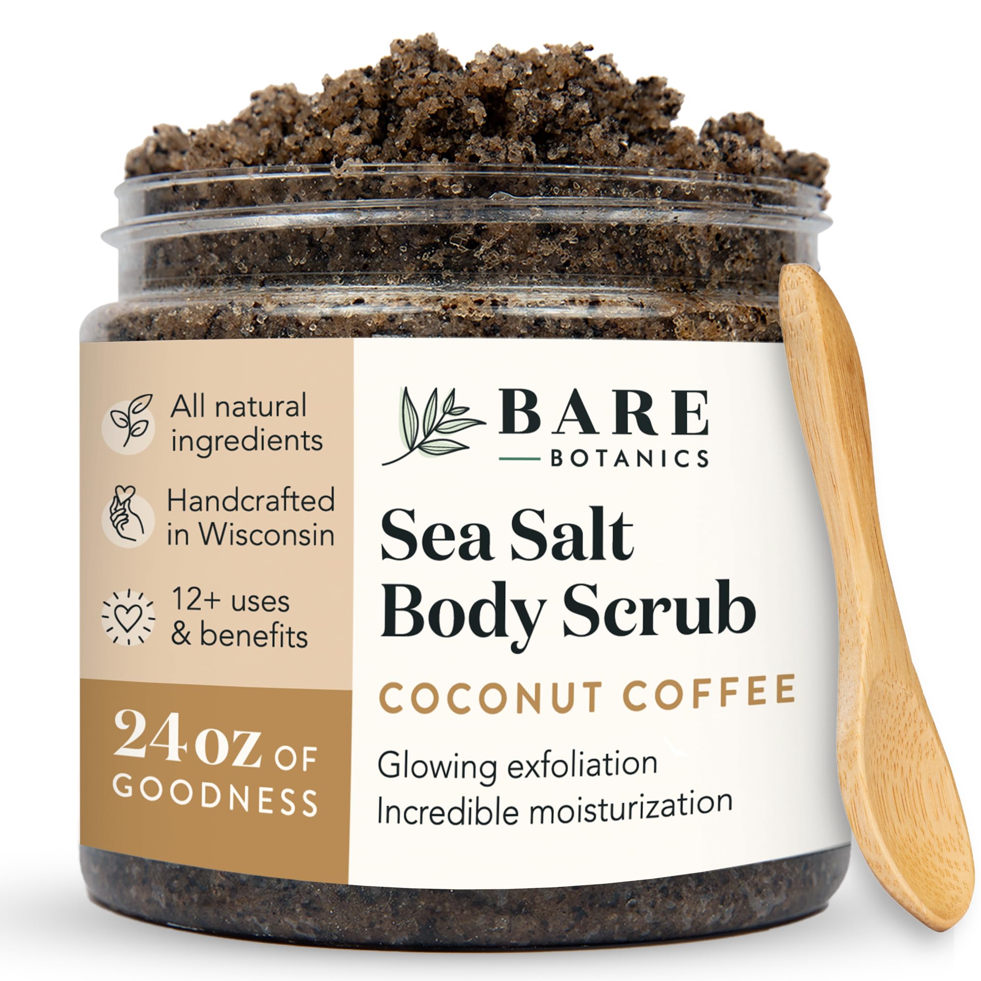 Bare Botanics Coconut Coffee Scrub jar showing triple exfoliation for radiant skin