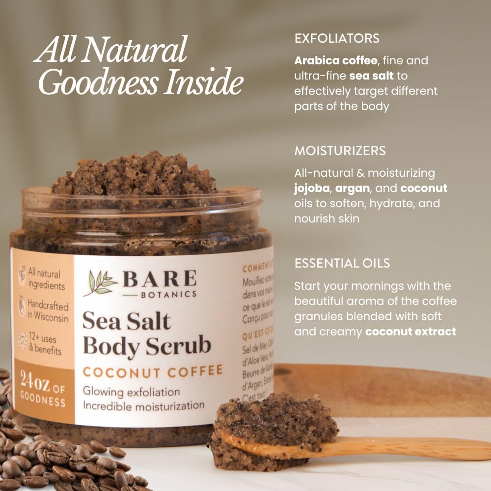 Bare Botanics Coconut Coffee Scrub wooden spoon with product ready to use