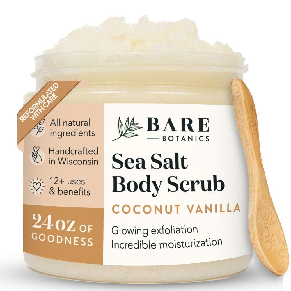 Bare Botanics coconut vanilla scrub jar showing creamy texture for radiant skin.