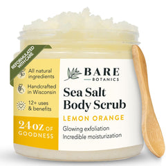 Bare Botanics Lemon Orange Scrub jar ready for radiant skin prep.
