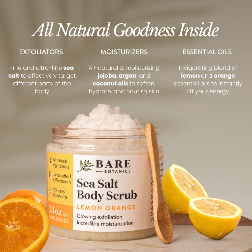 Bare Botanics scrub spoon beside jar in gift-ready packaging.