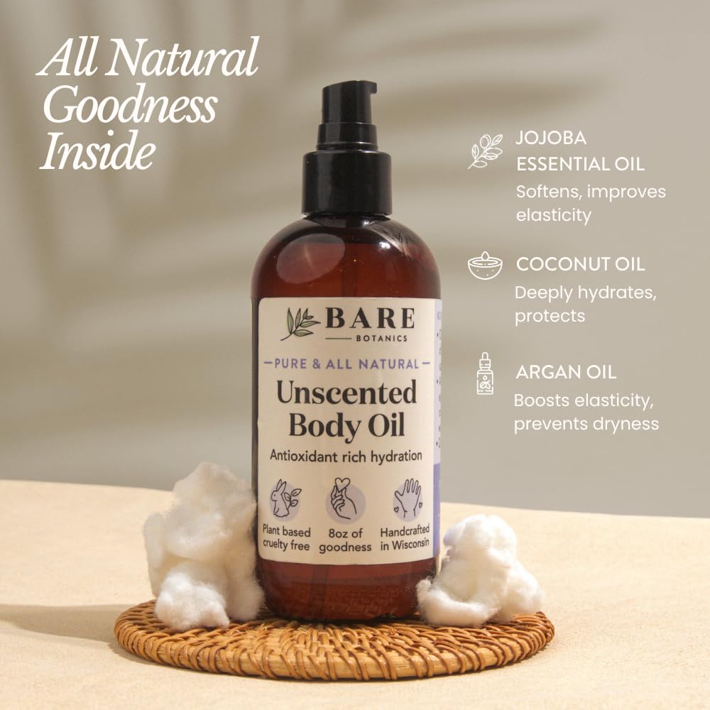 BARE BOTANICS moisturizing-unscented-body-oil applied to damp skin for hydration