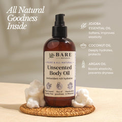 BARE BOTANICS moisturizing-unscented-body-oil applied to damp skin for hydration