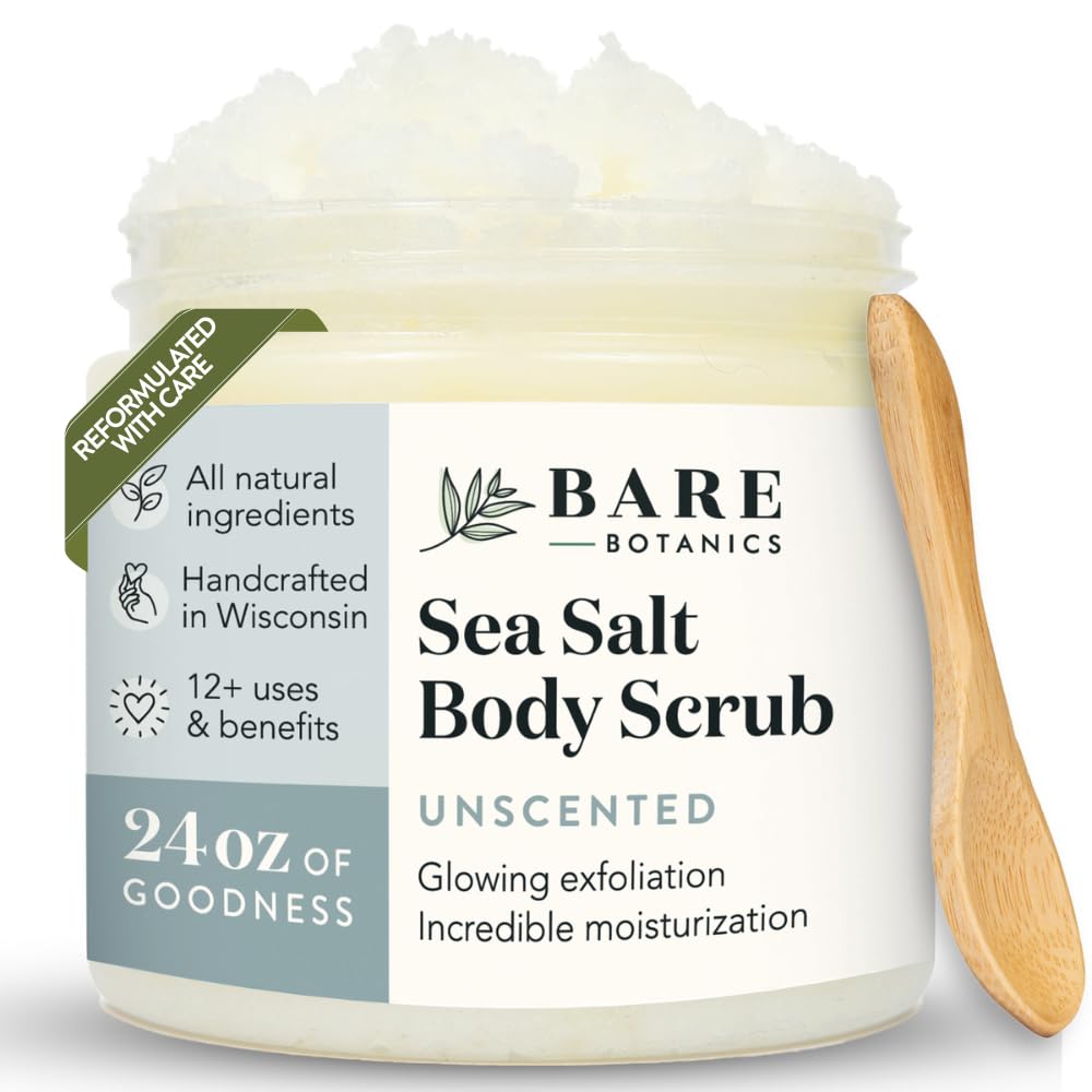 Bare Botanics Unscented Body Scrub jar closeup highlighting double exfoliation for radiant skin
