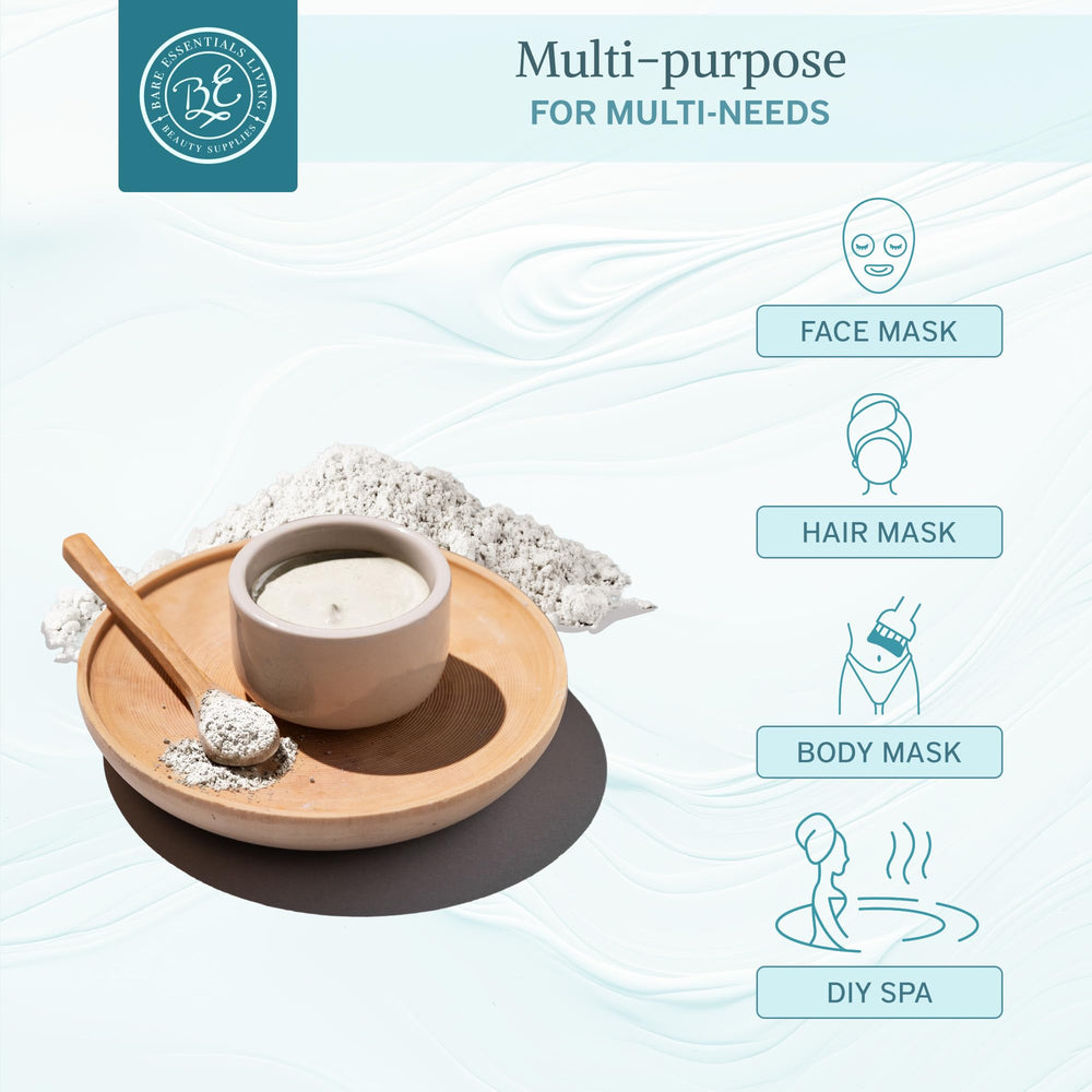 Bare Essentials Living kaolin clay face mask jar showing cosmetic-grade powder