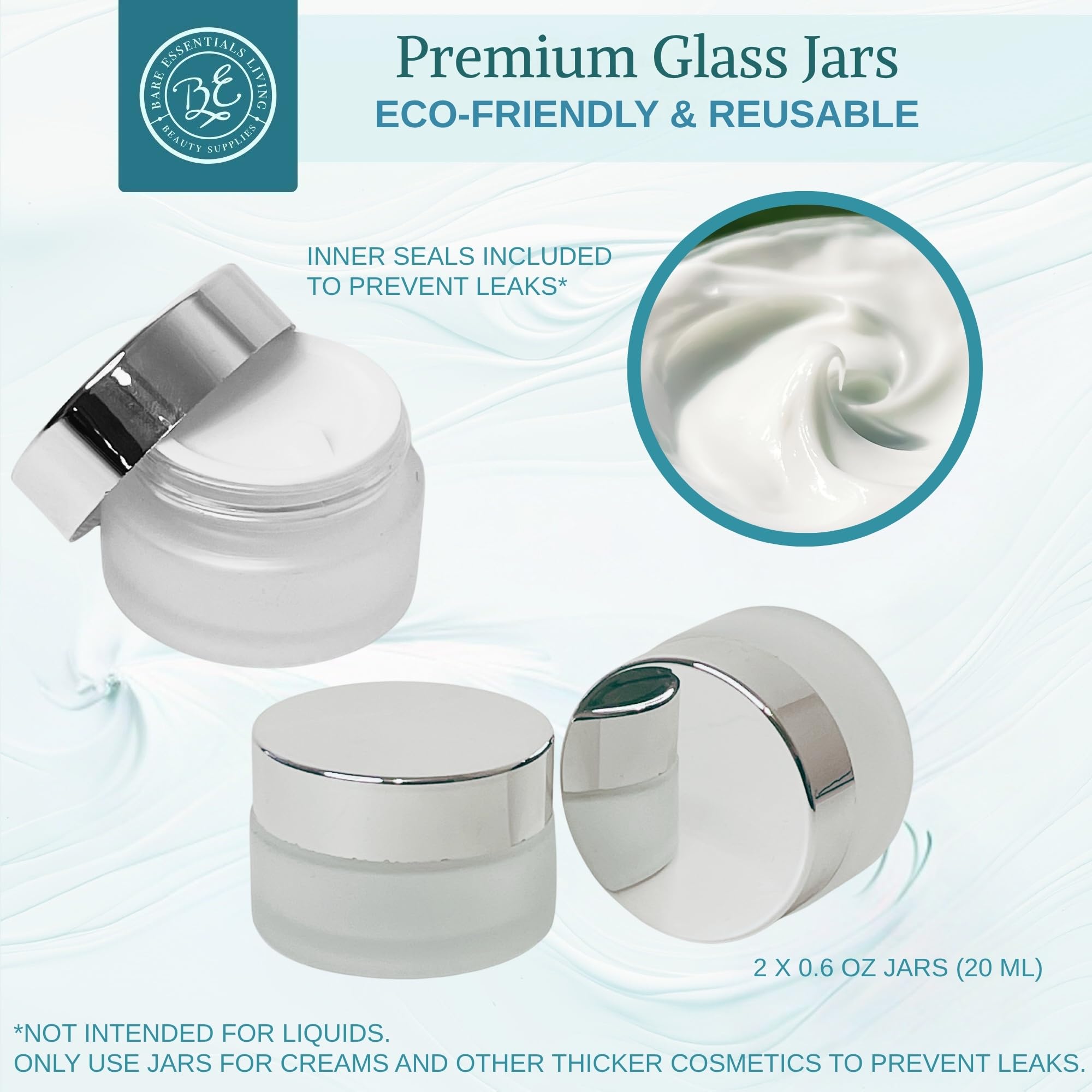 Bare Essentials Living 0.6-oz glass jar for small cream samples.