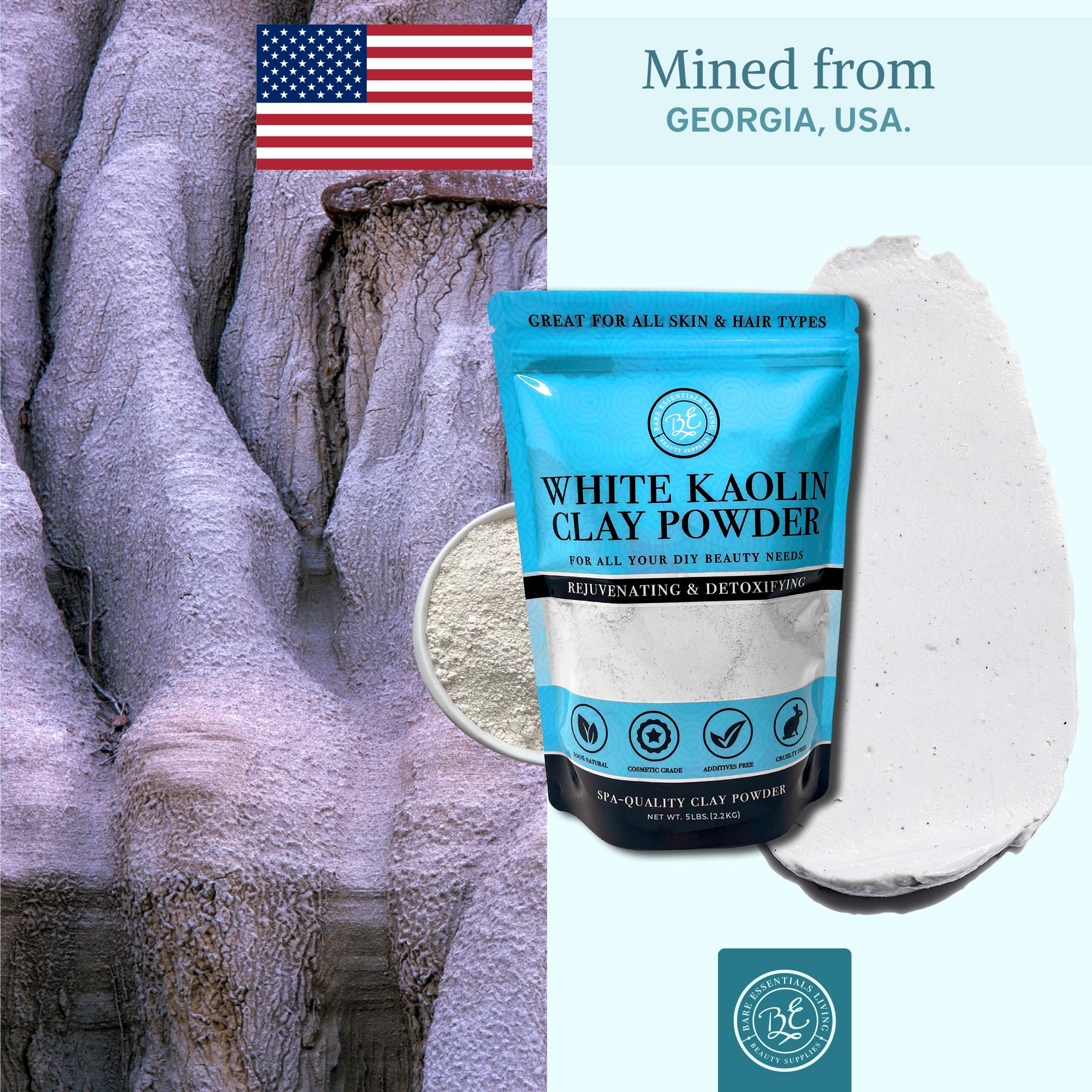 Bare Essentials Living white kaolin clay powder supports cosmetic projects and gardening tasks