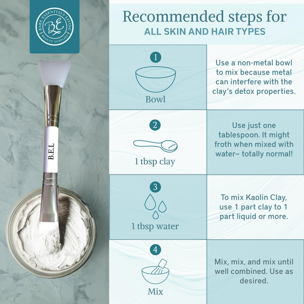 Bare Essentials Living white kaolin clay powder bath bomb mix demonstrated with minerals