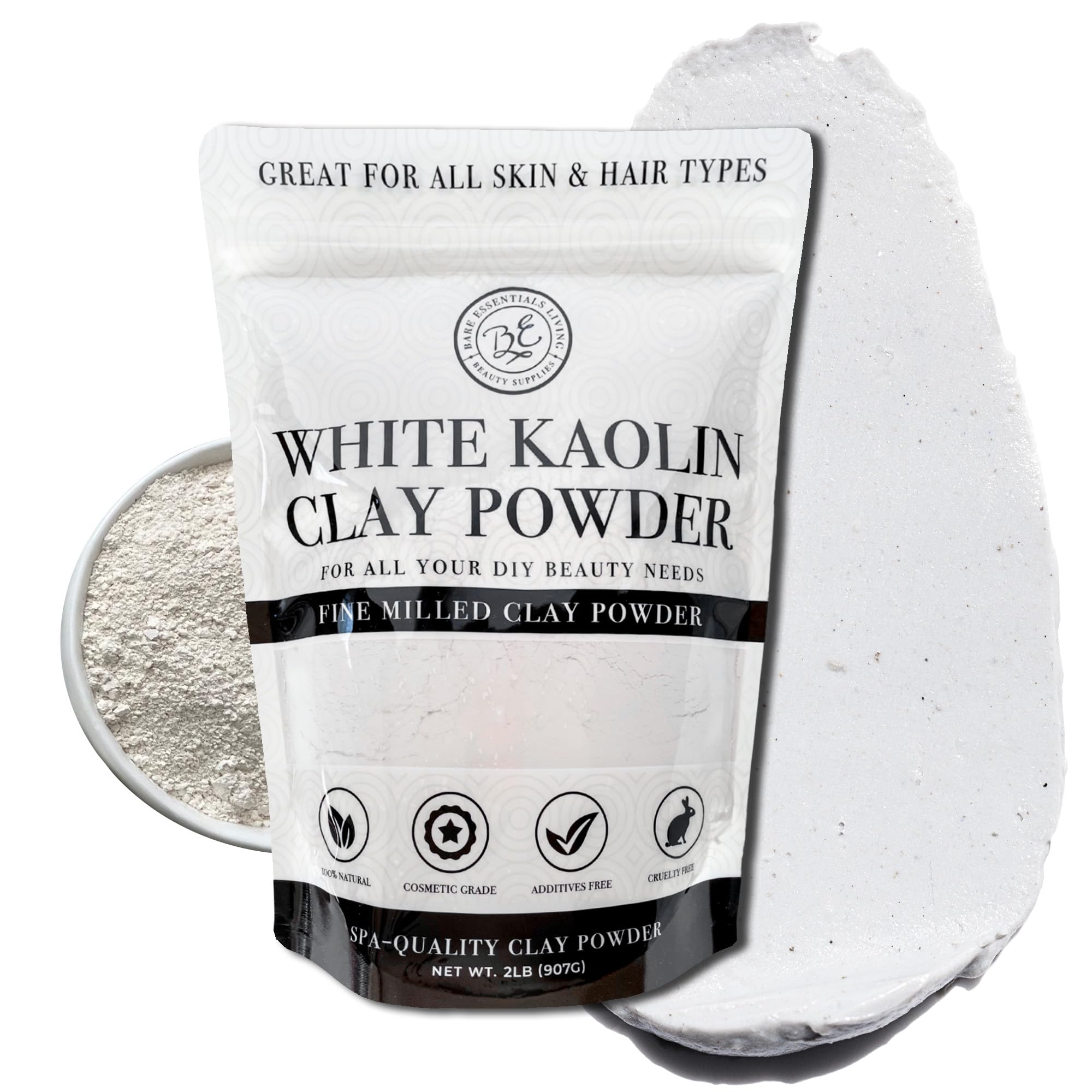 Bare Essentials Living white kaolin clay powder packaging showing a 2 lb bag for DIY projects