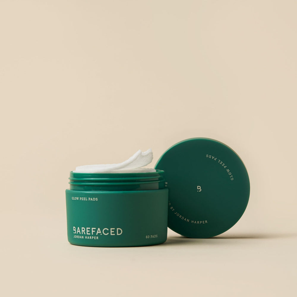 Barefaced Glow Peel Pads exfoliation close-up highlights 15% glycolic acid for even tone.