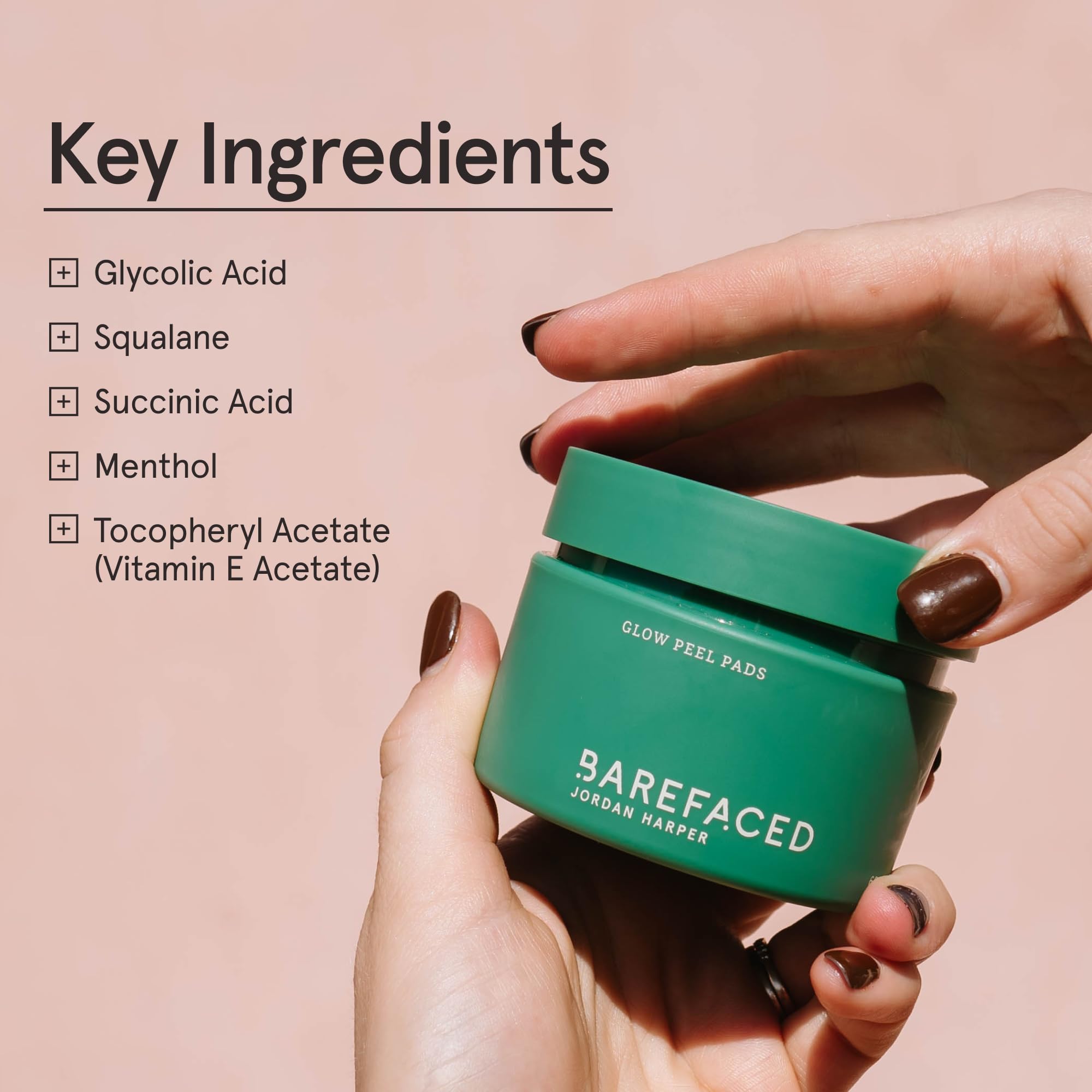 Barefaced Glow Peel Pads hydration close-up demonstrates squalane keeping skin comfortable.