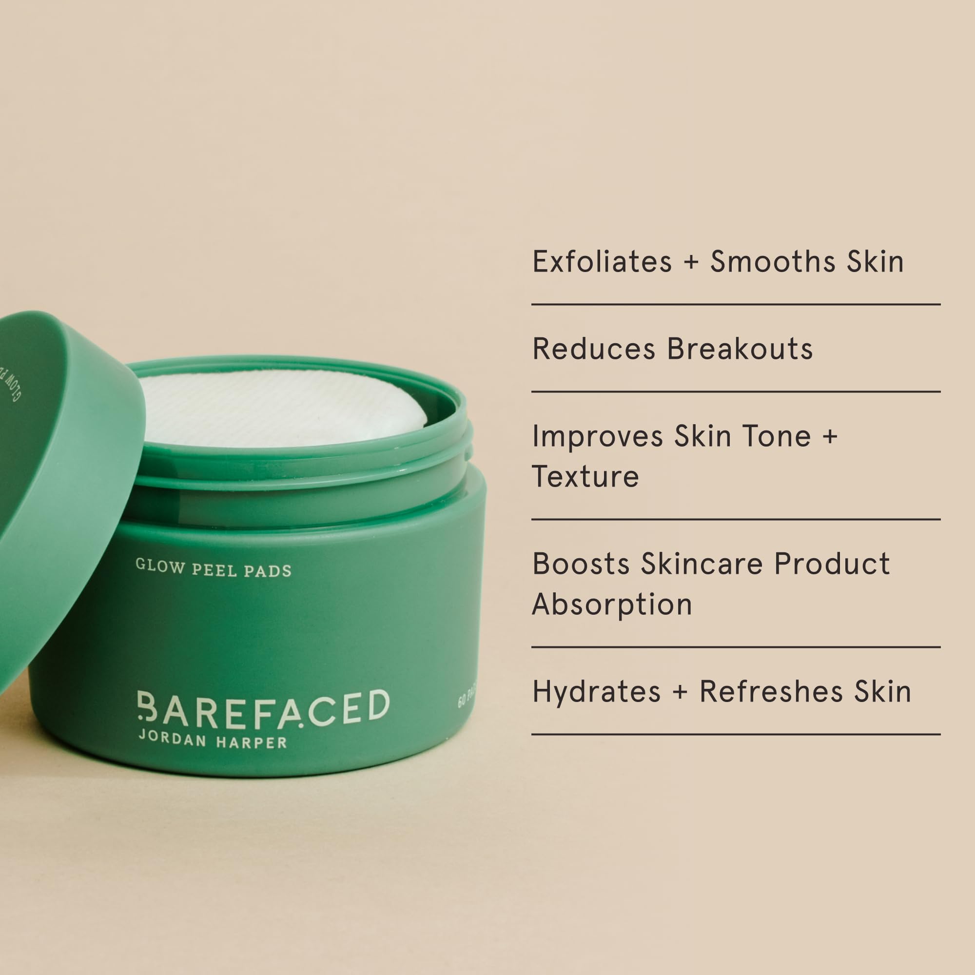Barefaced Glow Peel Pads texture improvement close-up reveals refined skin surface.