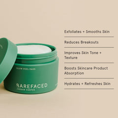 Barefaced Glow Peel Pads texture improvement close-up reveals refined skin surface.