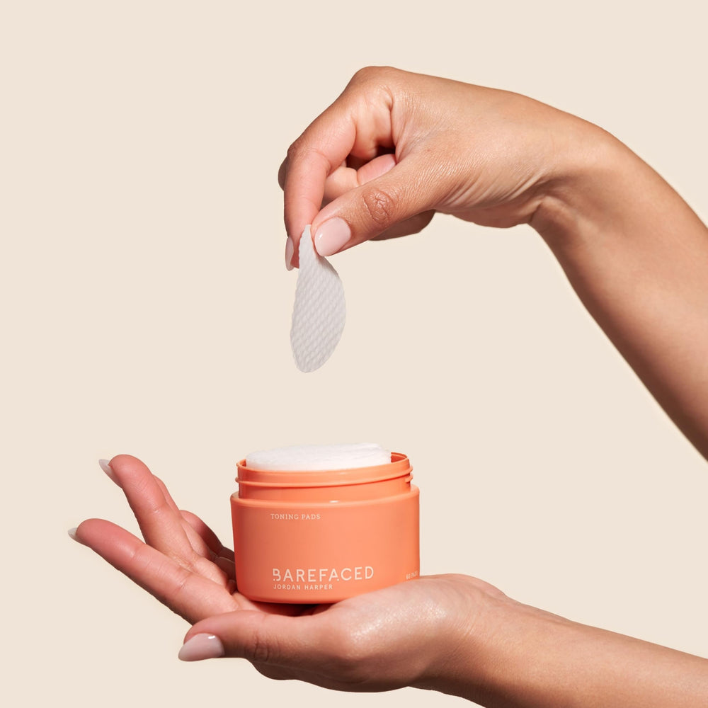 Barefaced Toning Pads flatlay skincare routine demonstrates quick post-cleanse step
