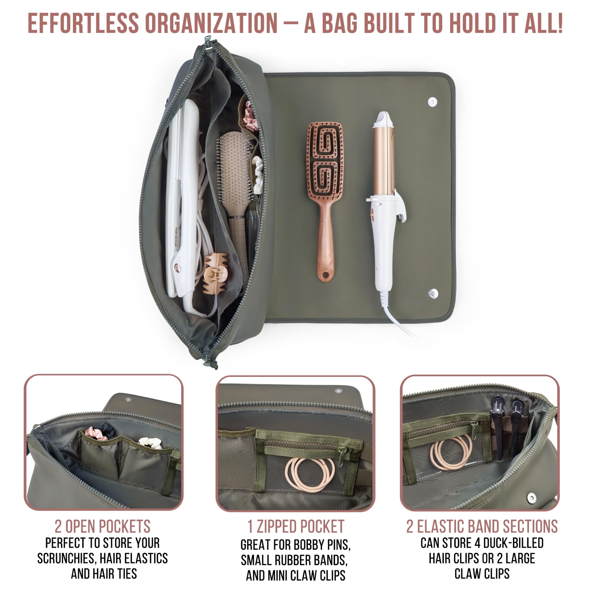 Barefoot Caribou bag elastic sections holding hair clips in place