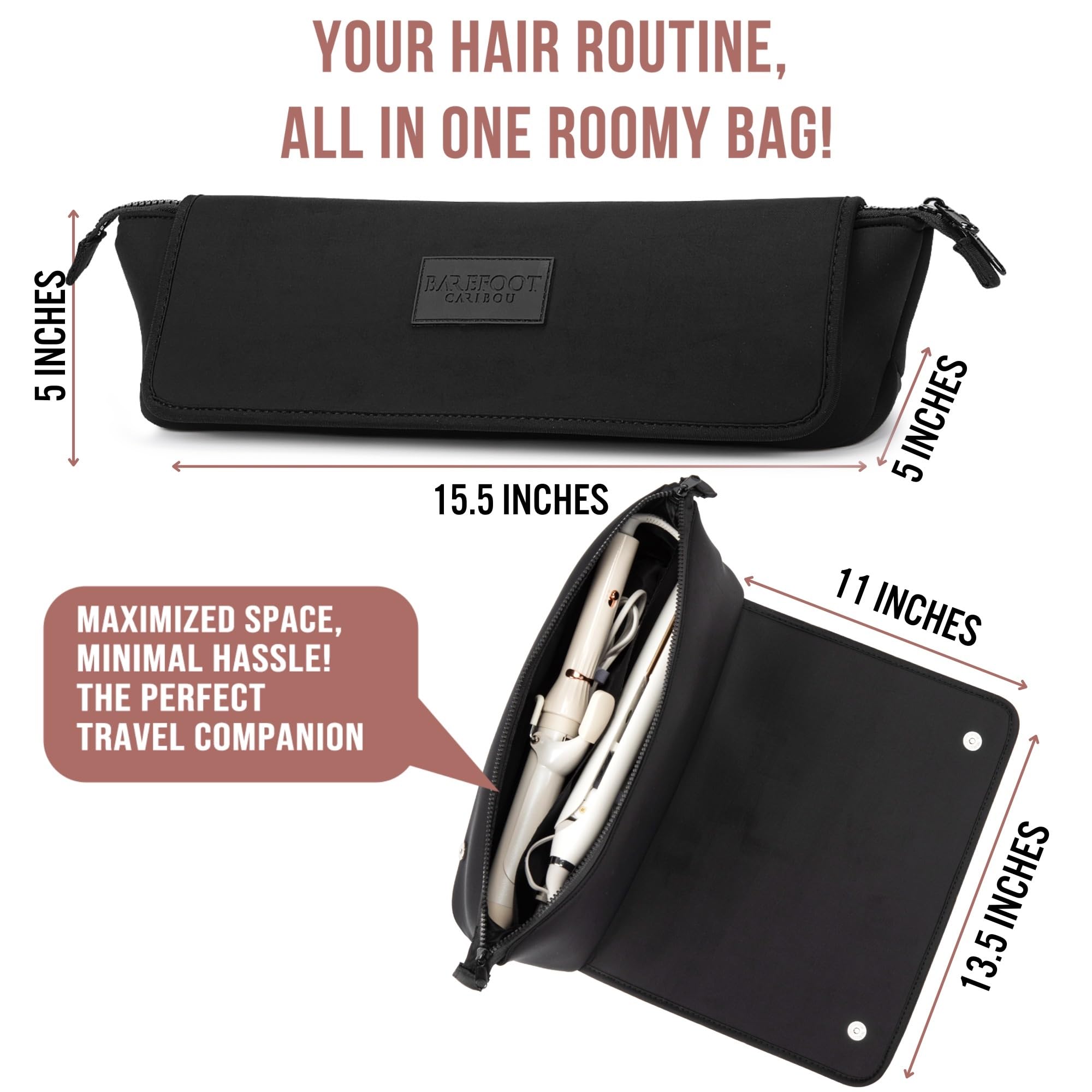 Barefoot Caribou interior pockets keep styling tools organized during trips