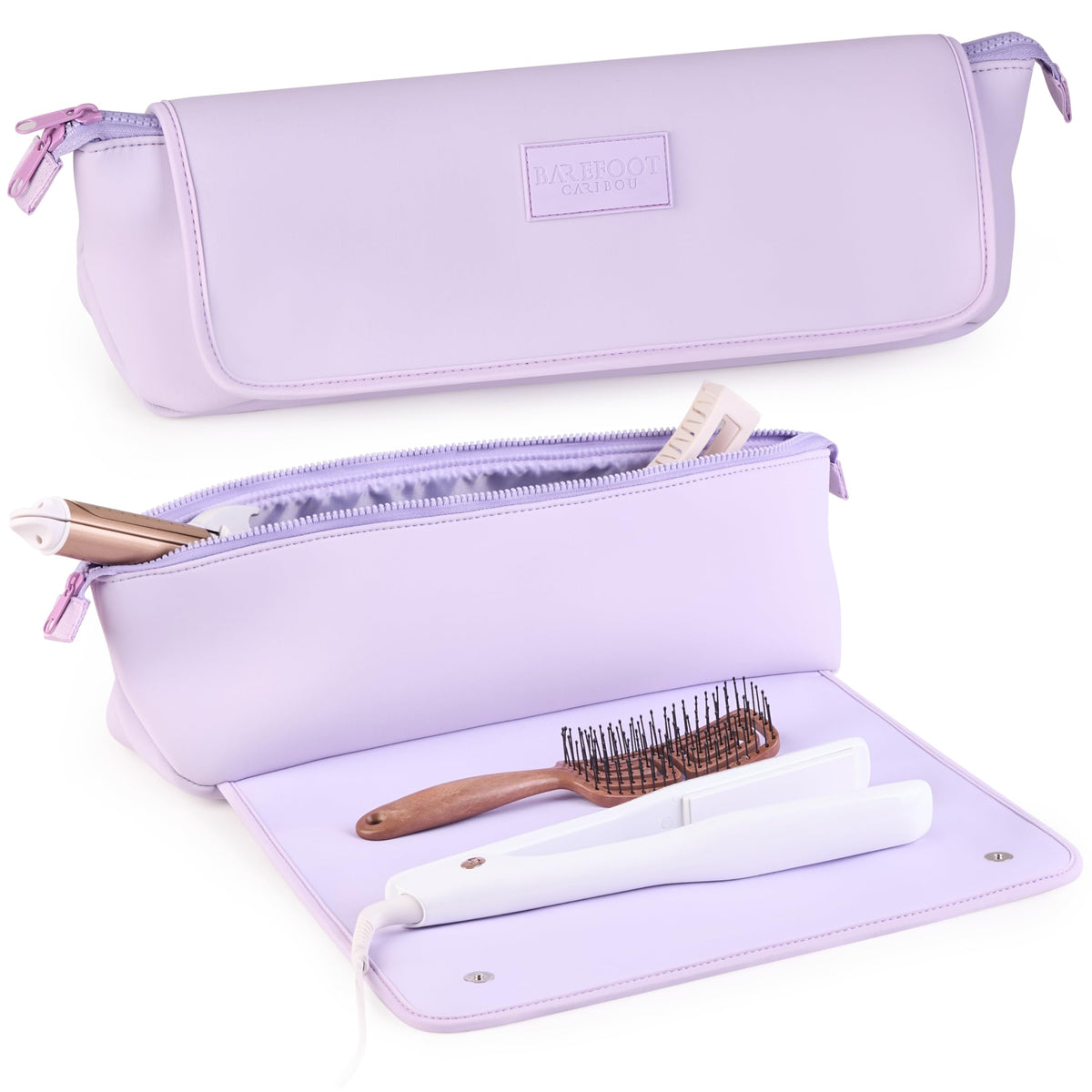 Barefoot Caribou travel bag front view shows lilac 2-in-1 organization for tools.