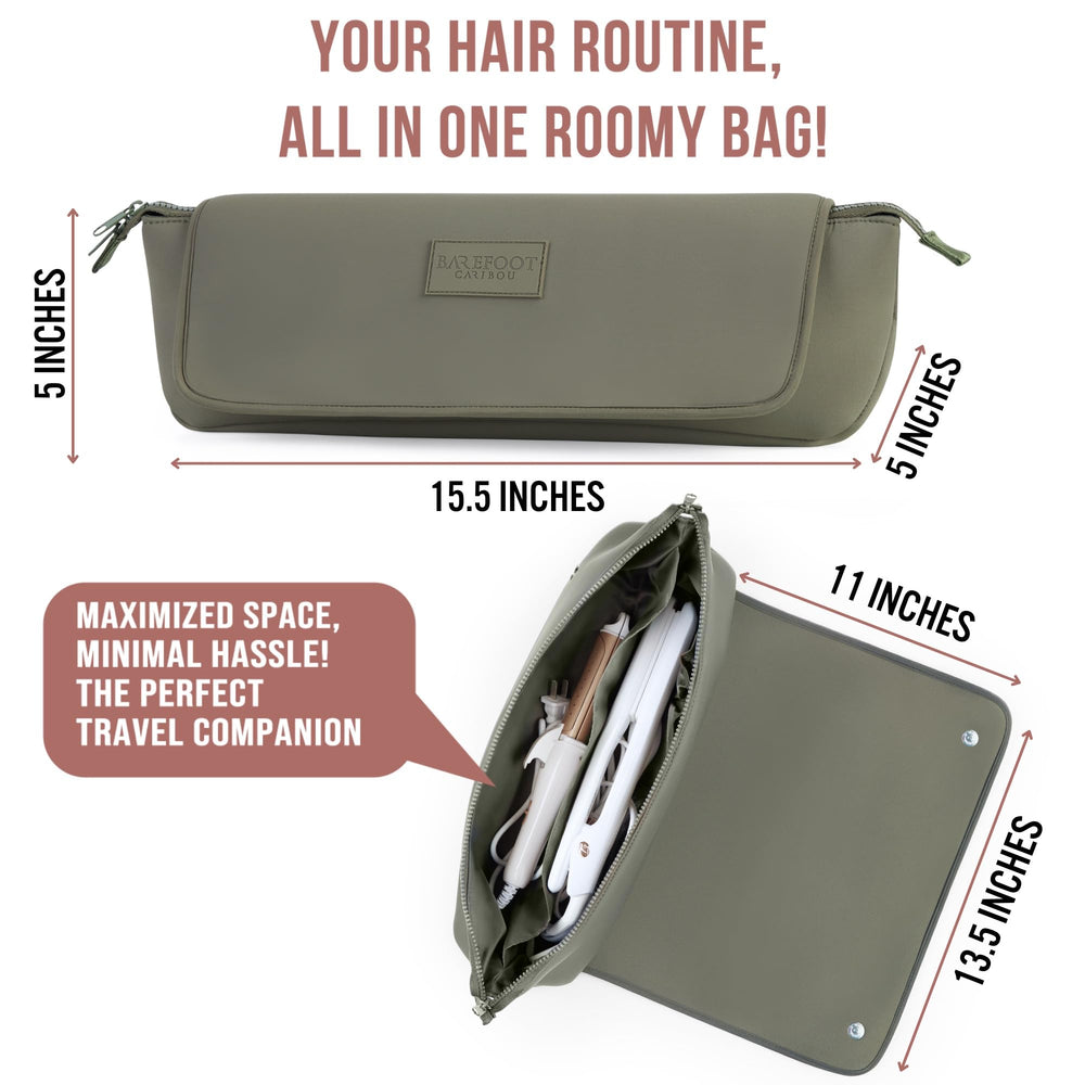 Barefoot Caribou olive travel bag open showing interior organization