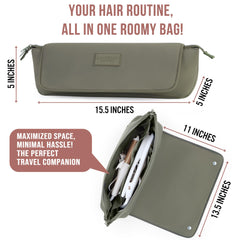 Barefoot Caribou olive travel bag open showing interior organization