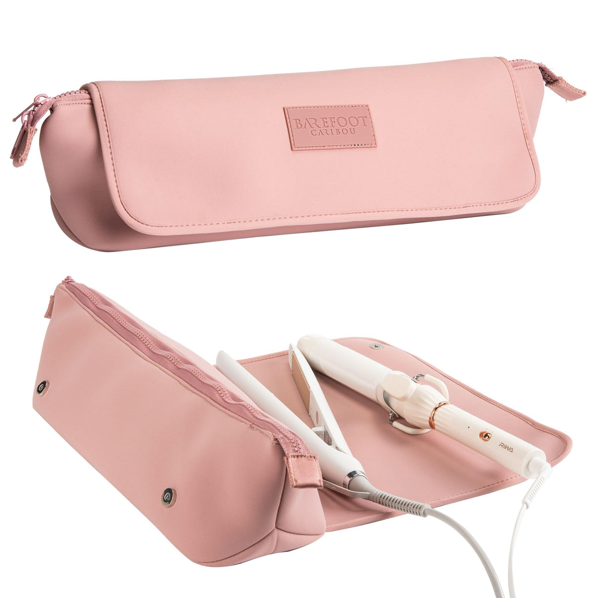 Barefoot Caribou travel bag with heat-resistant mat protects surfaces during styling on the go.