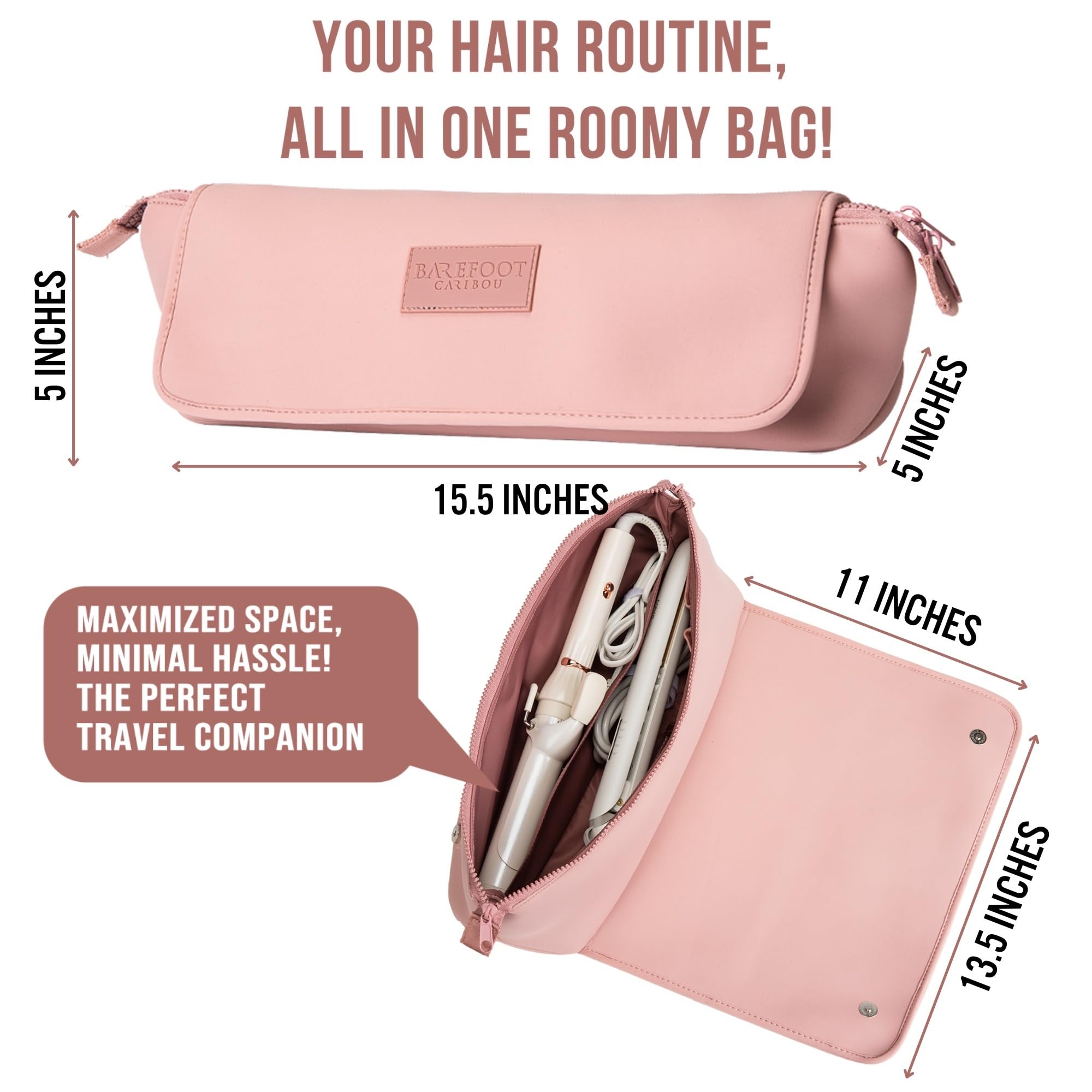 Barefoot Caribou interior pockets keep irons, wands, and clips neatly organized when traveling.