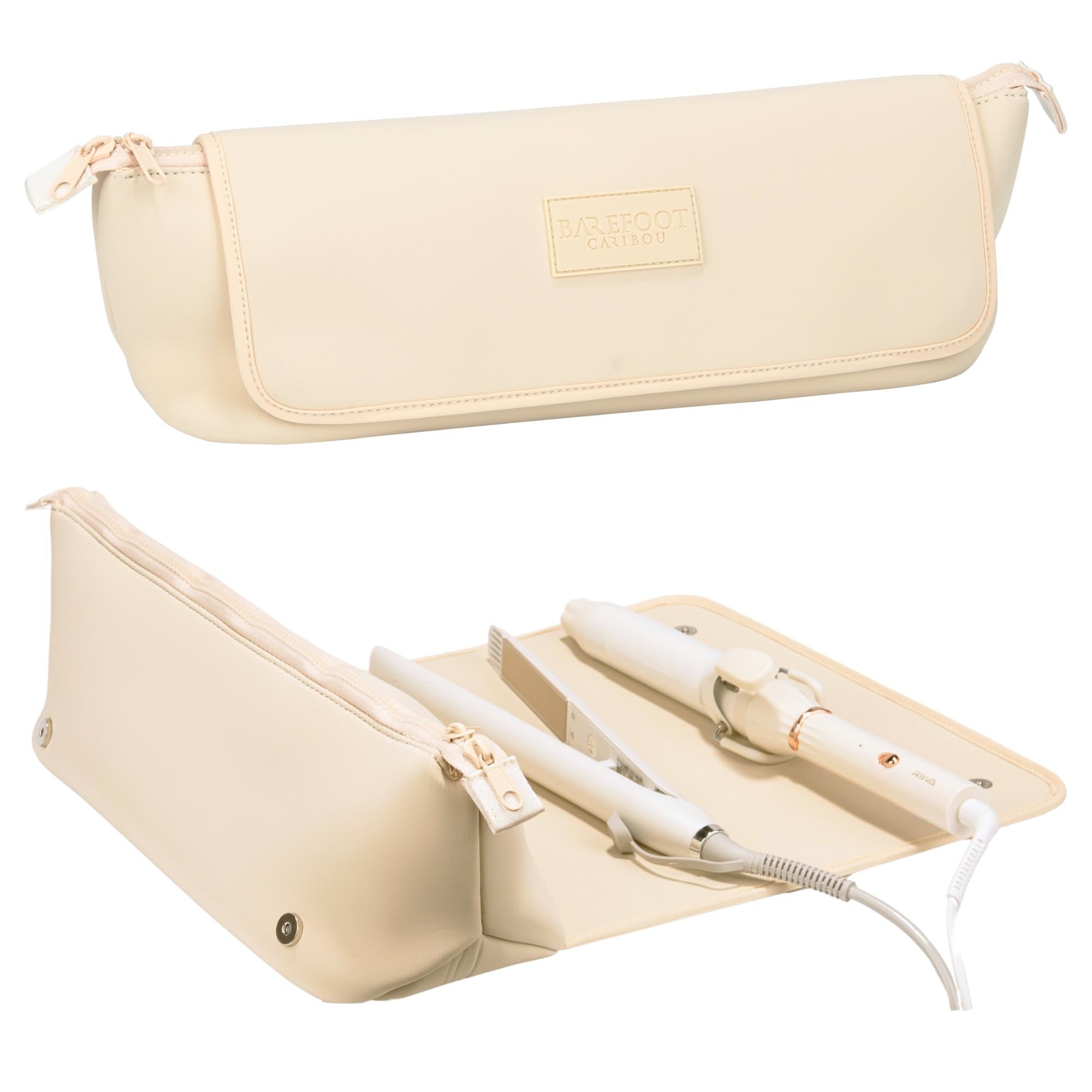 Barefoot Caribou travel bag outer view highlights compact design for on-the-go styling tools.