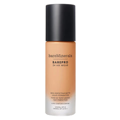 BareMinerals barepro 24HR wear bottle closeup highlights weightless foundation for a matte look.