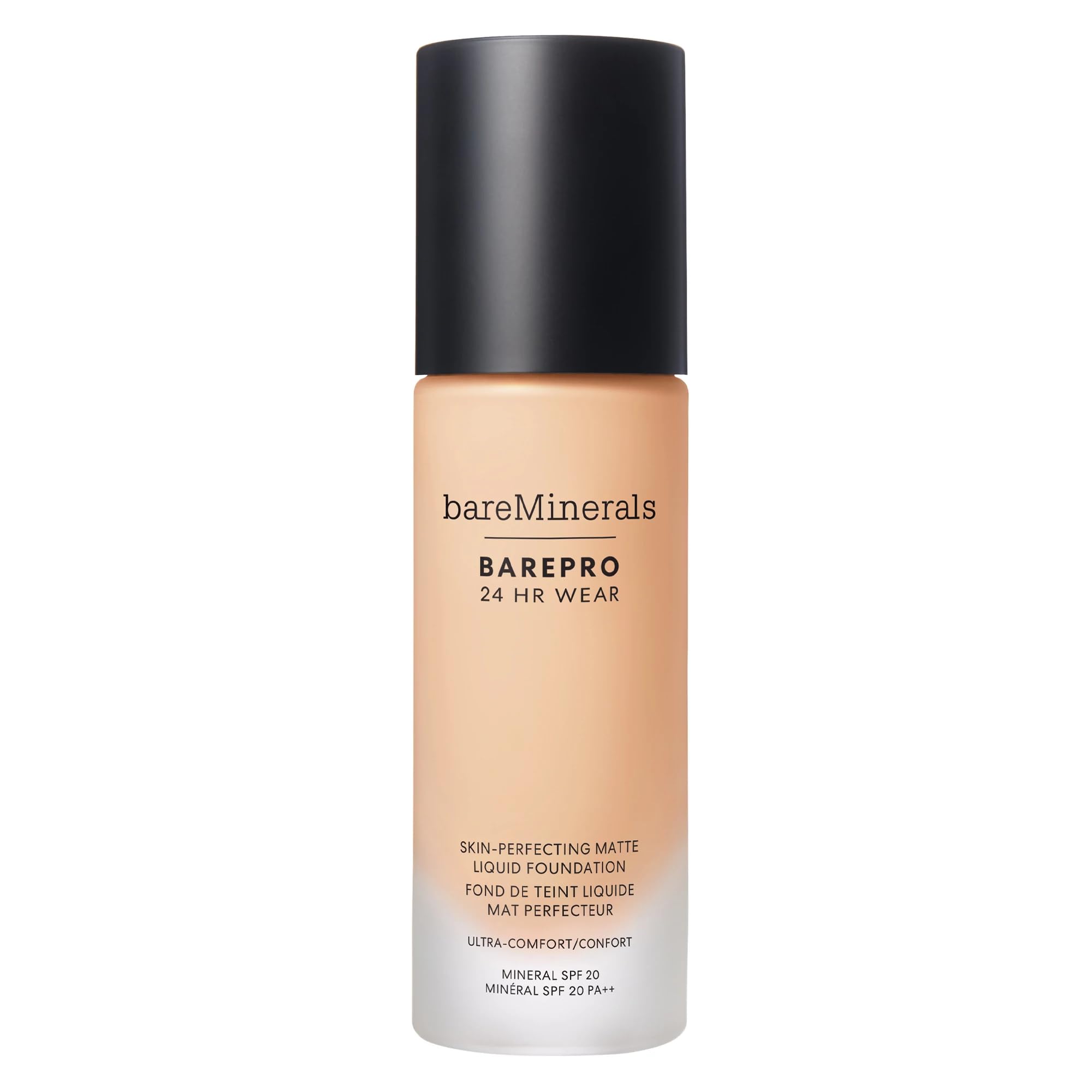 BarePro 24HR Wear foundation bottle shows matte finish and SPF 20 protection.