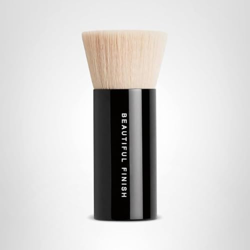 bareMinerals Beautiful Finish Brush packaging shows vegan synthetic fibers for responsible beauty.