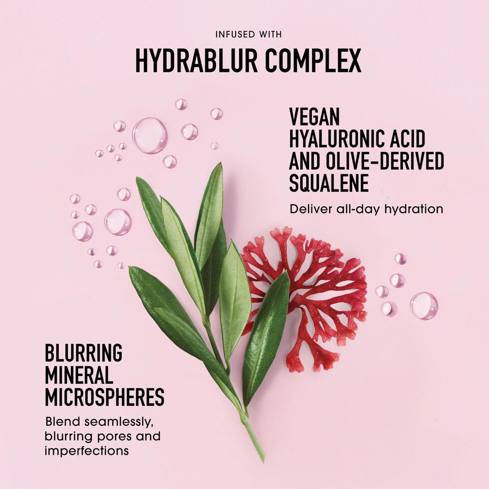 bareMinerals Complexion Rescue close-up highlights hyaluronic acid and squalane for lasting moisture.