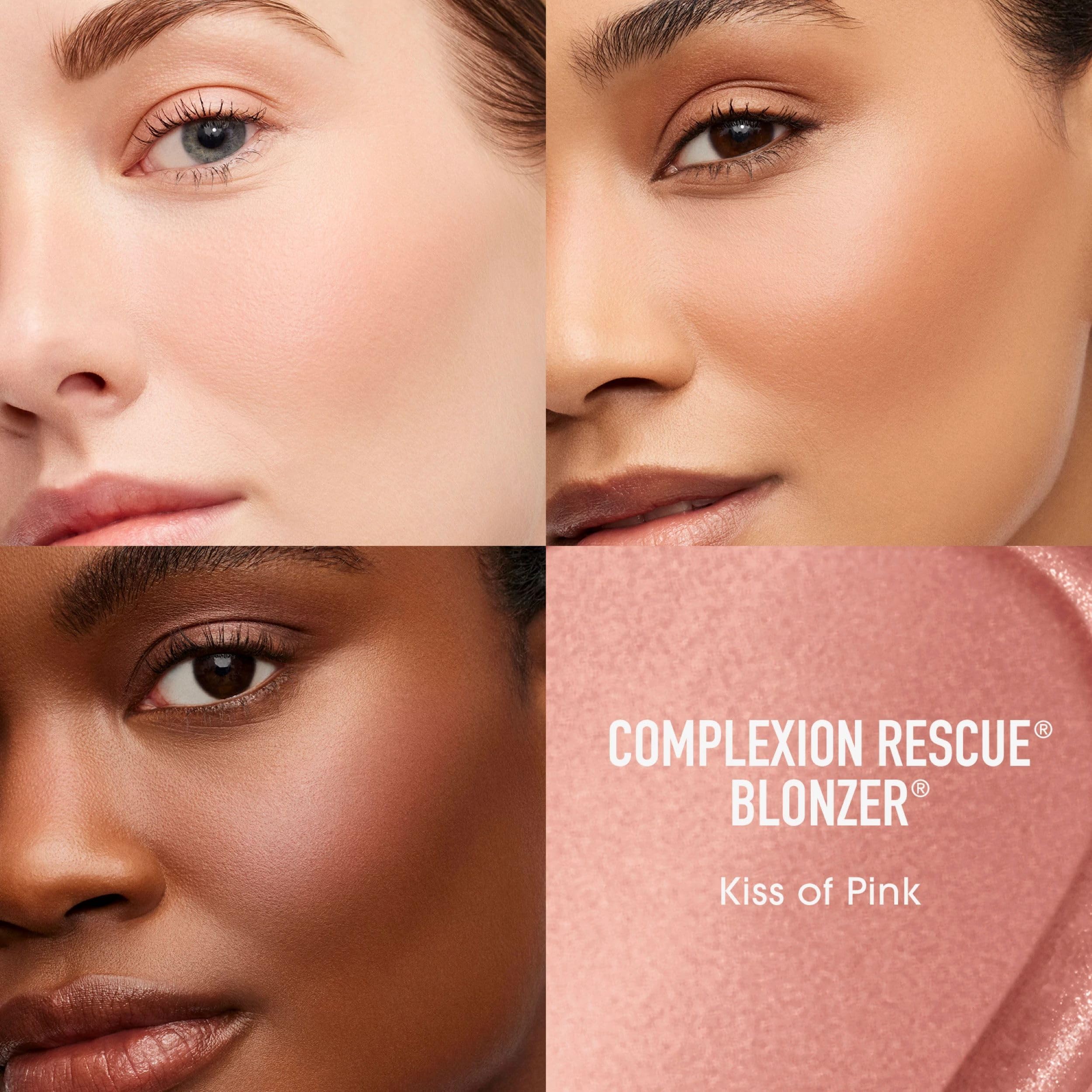 BareMinerals Complexion Rescue Liquid Blonzer swatch on cheek shows rosy-bronze glow.
