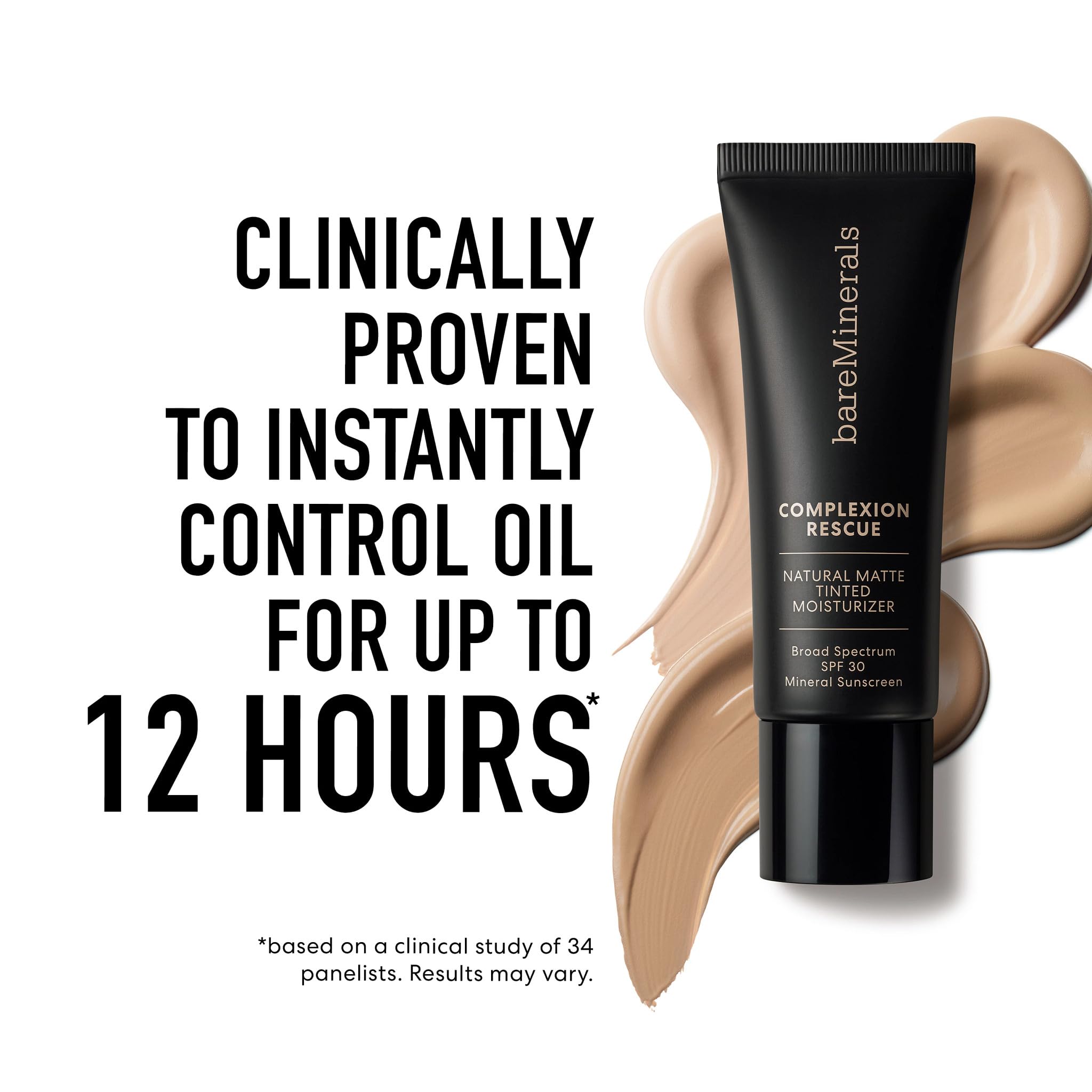 bareMinerals Complexion Rescue matte finish close-up blurs skin imperfections.