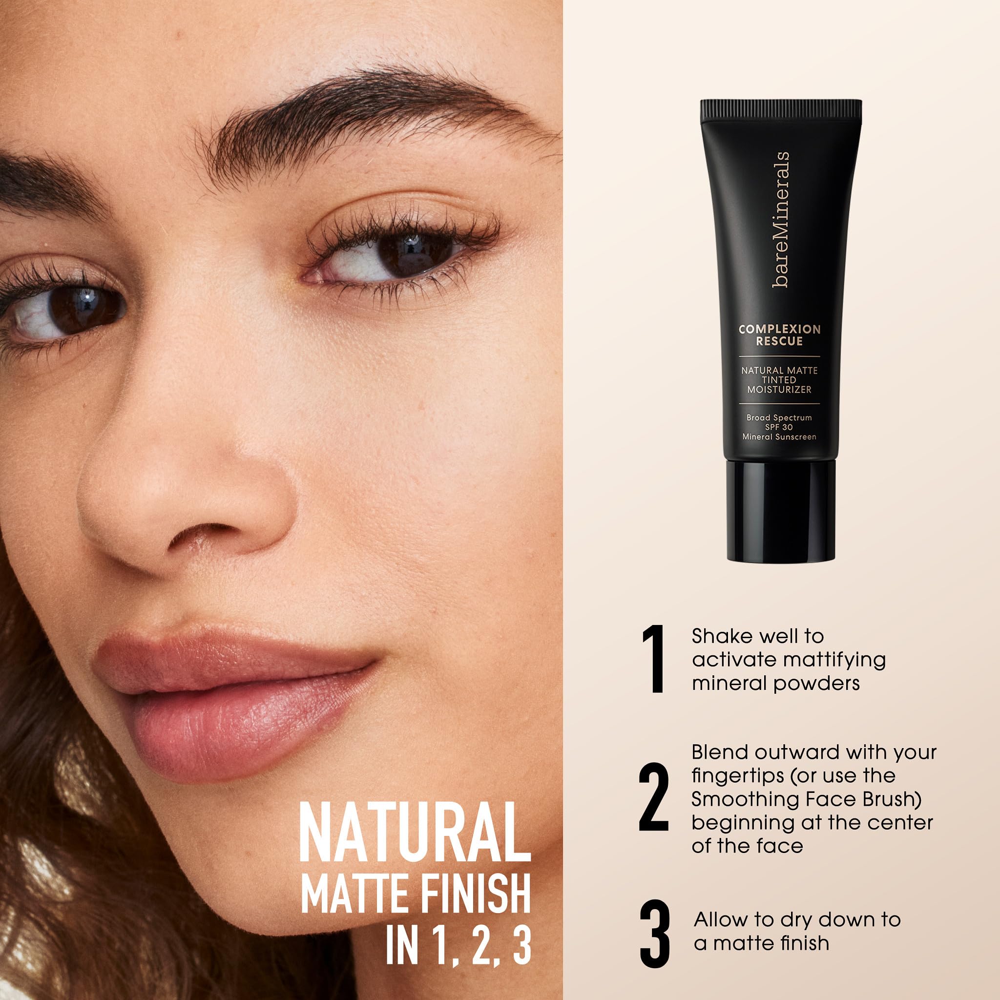 bareMinerals Complexion Rescue matte swatch shows natural matte finish on skin.