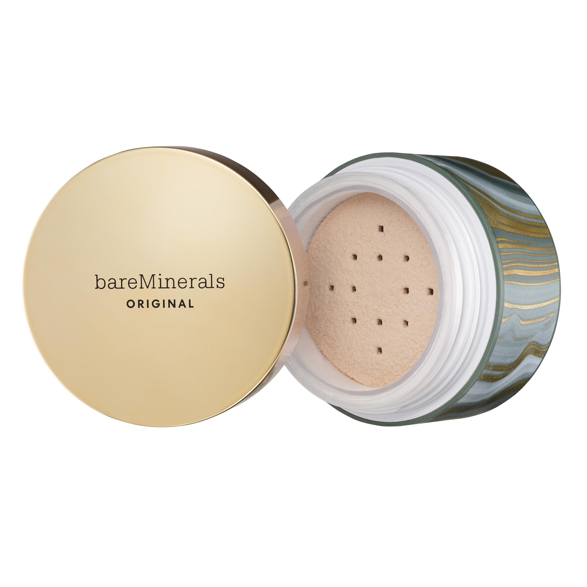 bareMinerals deluxe original loose mineral foundation SPF 15 holiday packaging close-up for radiant holiday glow