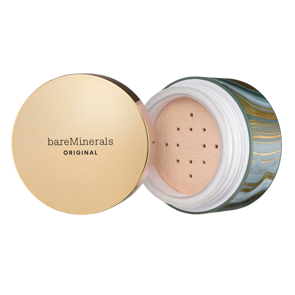 bareMinerals deluxe original loose mineral foundation SPF 15 holiday packaging close-up for radiant holiday glow