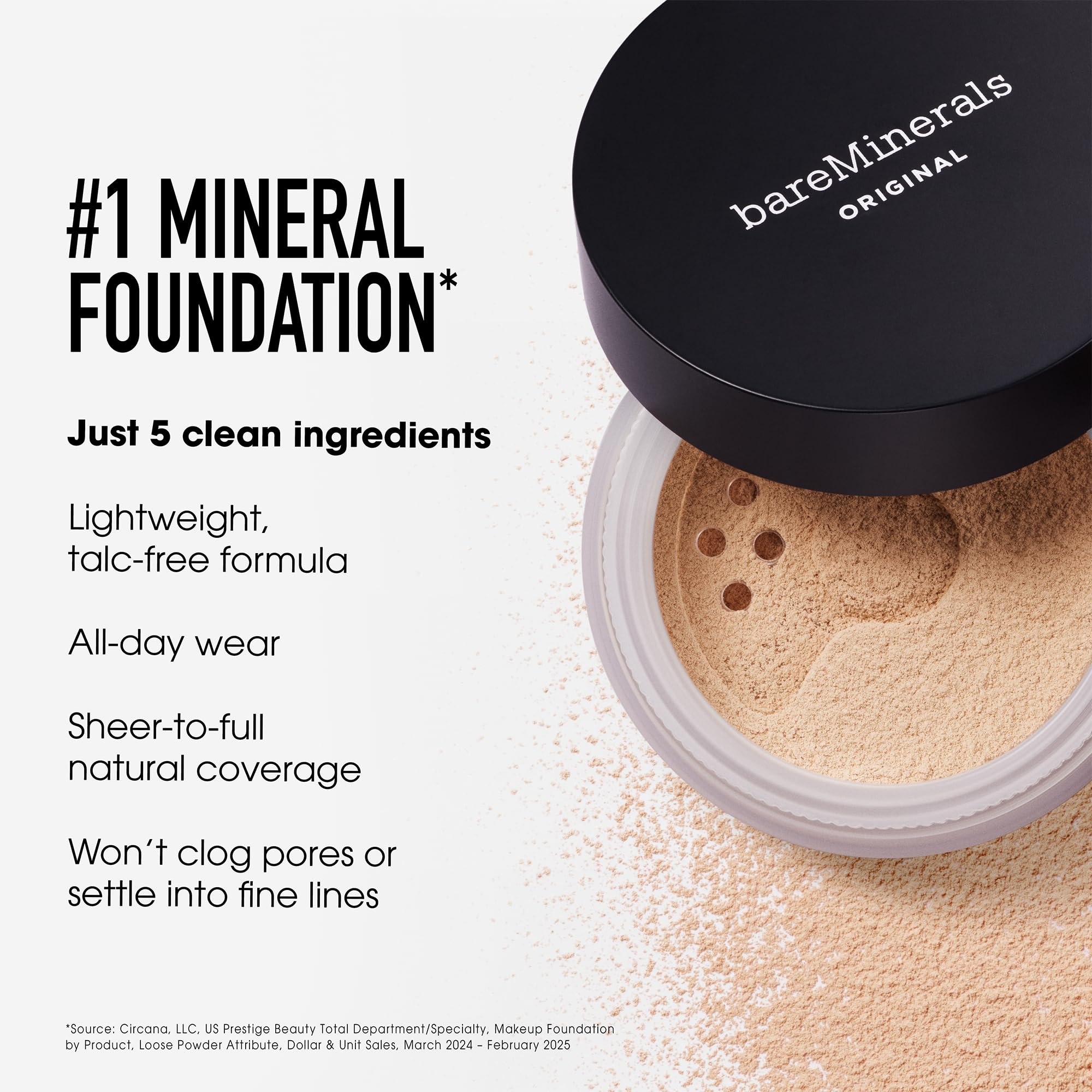 bareMinerals deluxe original loose mineral foundation SPF 15 packaging in hand highlights portable value size