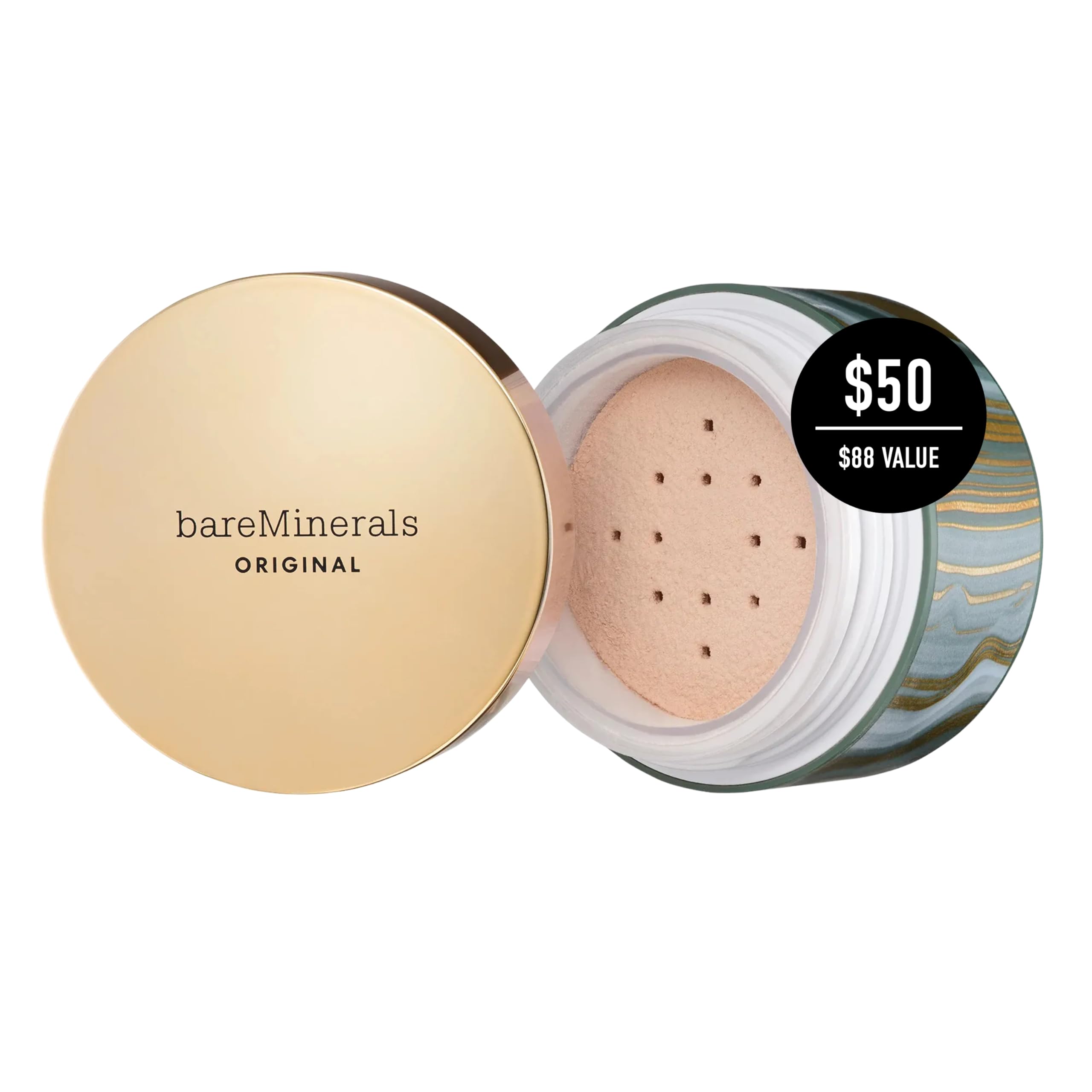 bareMinerals deluxe original loose mineral foundation SPF 15 sifter jar close-up shows smooth texture