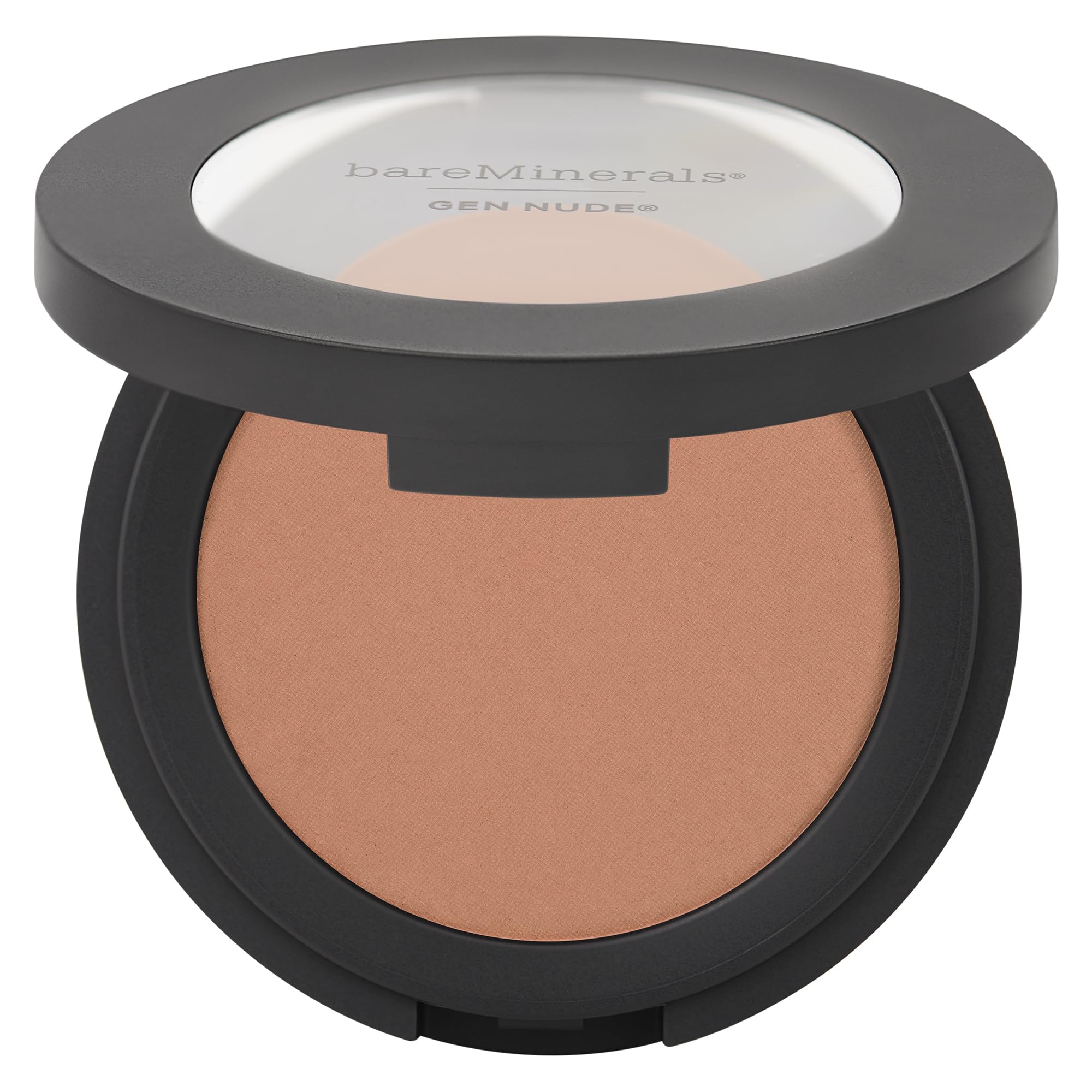 bareMinerals Gen Nude Powder Blush Beige For Days swatch on cheek shows buildable color.