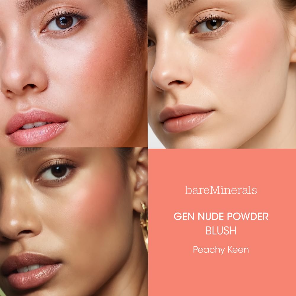 bareMinerals Gen Nude Powder Blush Peachy Keen powder-dispense highlights silky texture for seamless blending.