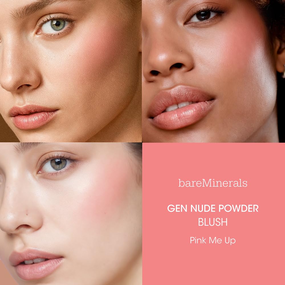 bareMinerals Gen Nude Powder Blush Pink Me Up brush application scene for seamless blending.