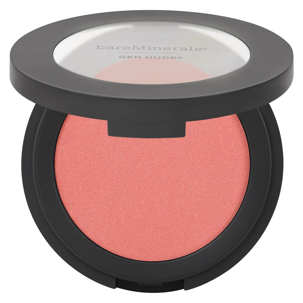 bareMinerals Gen Nude Powder Blush Pink Me Up swatch shows buildable color on skin.