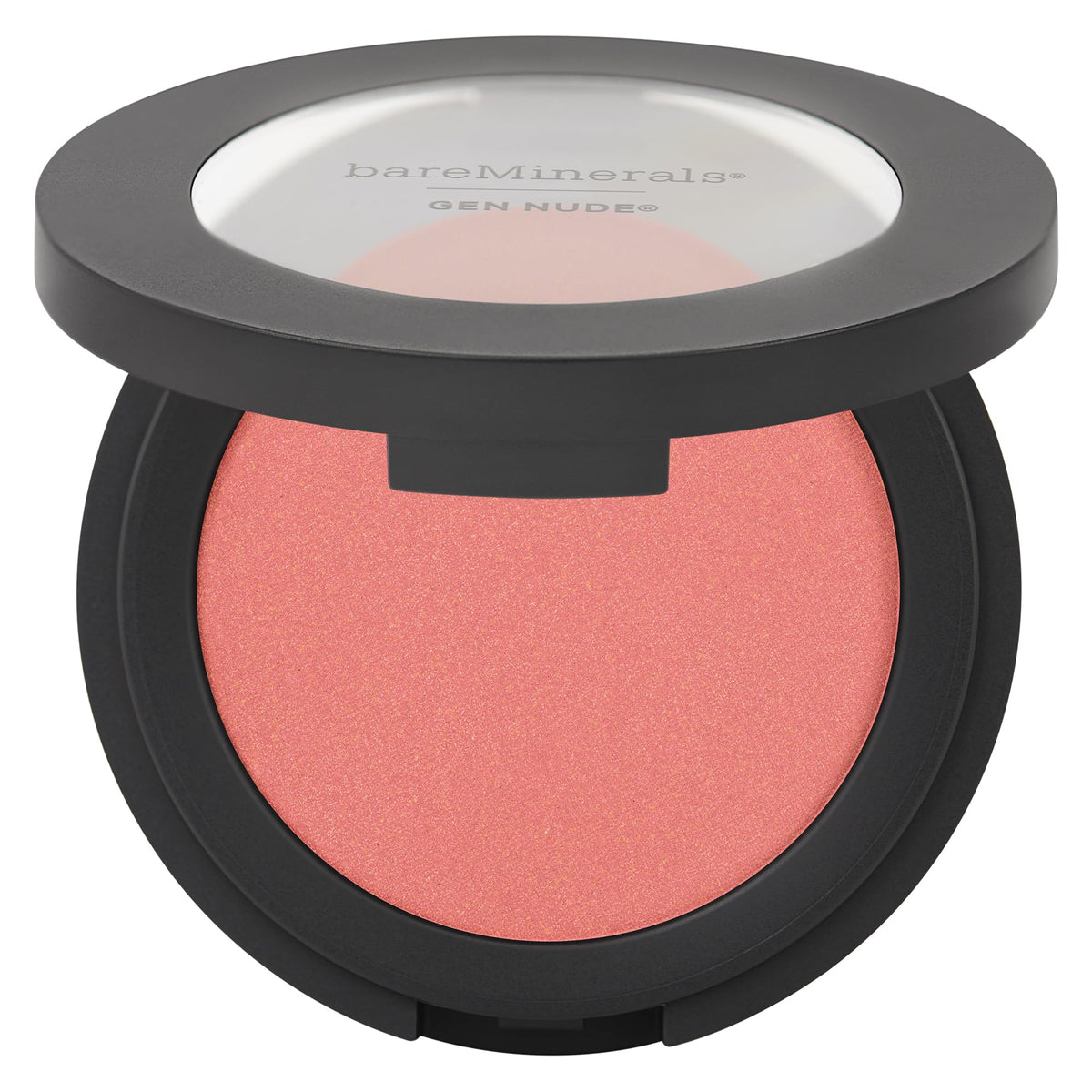 bareMinerals Gen Nude Powder Blush Pink Me Up swatch shows buildable color on skin.