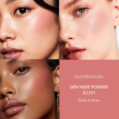 bareMinerals Gen Nude Powder Blush Strike A Rose swatch on cheek for buildable color