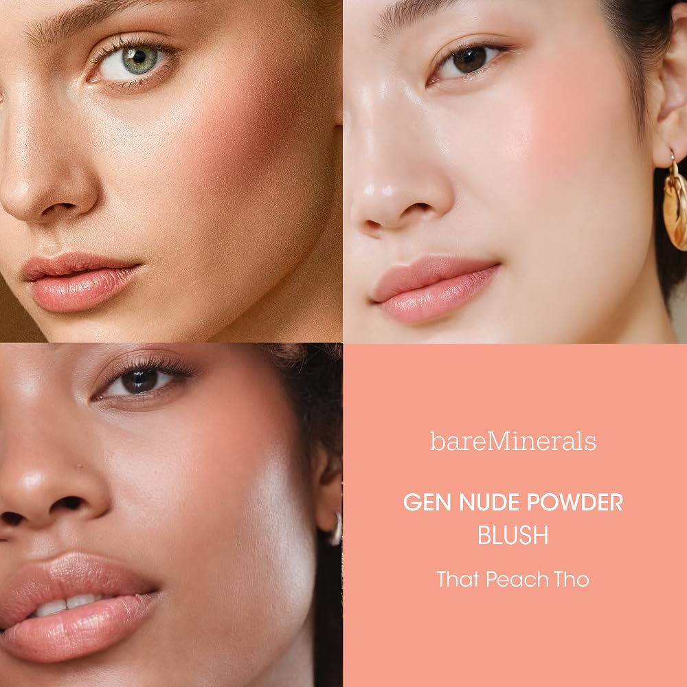 bareMinerals Gen Nude Powder Blush That Peach Tho fingertip application delivers a silky, easy blend.