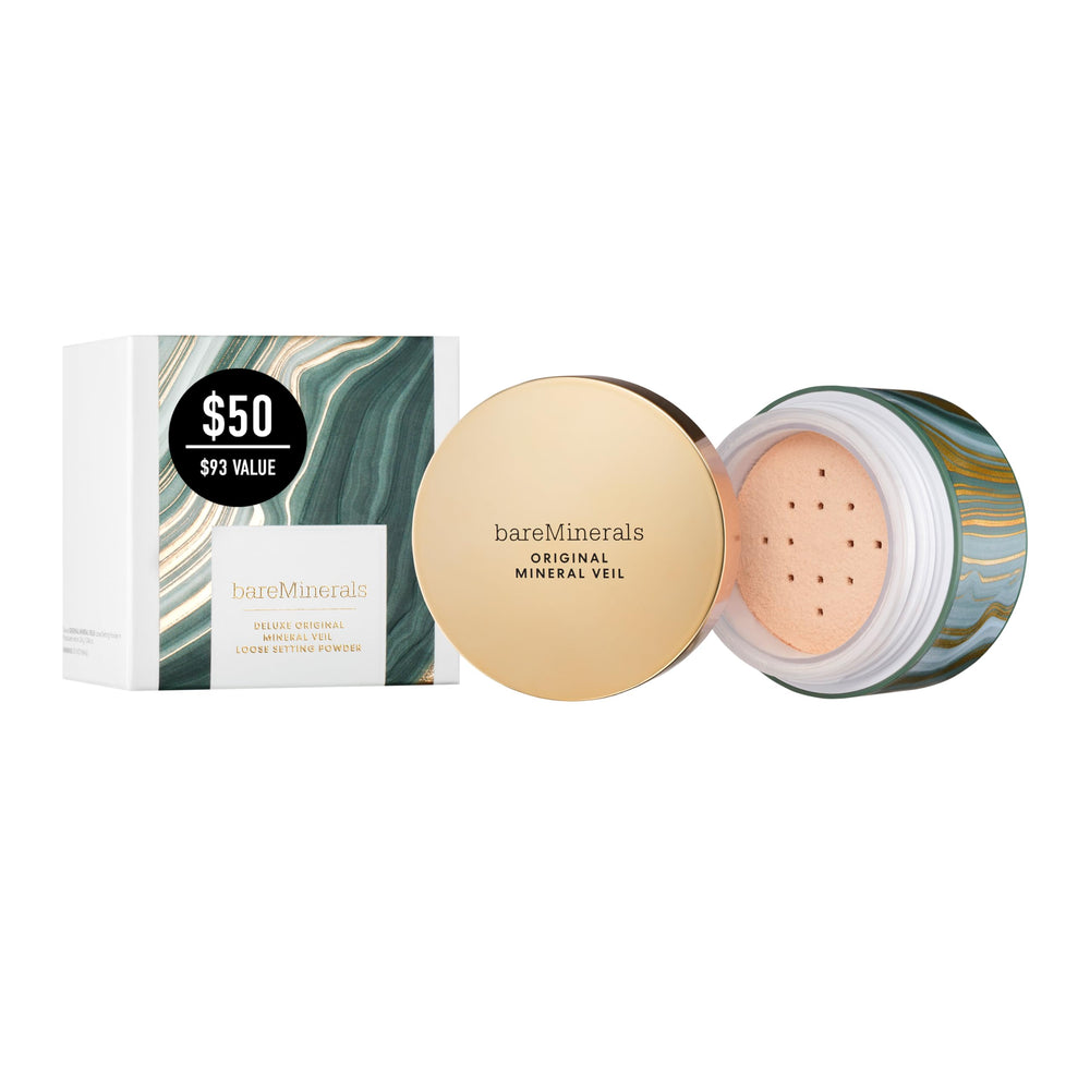 bareMinerals Holiday 2025 Deluxe Mineral Veil compact open—portable setting powder for on-the-go touch-ups